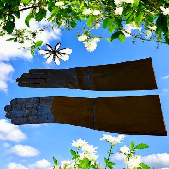 Vintage 60's FRANCE Black Kid Leather Opera Elbow Length Gloves France 6.5 NEW - Picture 2 of 9